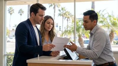 Person handing paperwork to a clerk at a car rental desk in California