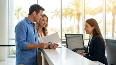 Traveler receiving keys from a staff member at an Orlando car rental desk