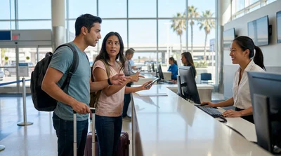 A traveler with luggage receiving keys at a car rental desk in Los Angeles