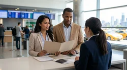 Traveler handing documents to an agent at a car rental desk in New York