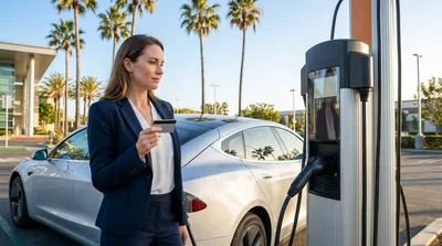 Electric car rental plugged into a public EV charging station in California