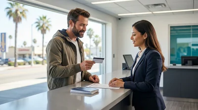 Smiling driver receiving keys for a car rental outside a California airport