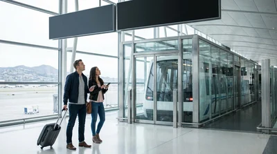Travelers with luggage walking through the San Francisco International Terminal towards the car rental area