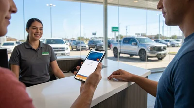Person holding a smartphone displaying a digital wallet at a car rental desk in Texas