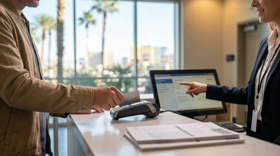 Customer handing a credit card to an agent at a car hire desk in Las Vegas