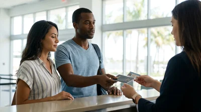 Customer handing a driver's license to an agent at a car rental counter in Miami