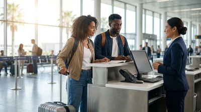 Travelers with luggage standing at a shared car hire counter inside an Orlando airport terminal