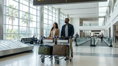 Traveler pulling luggage past a baggage claim carousel towards the car rental center in Miami