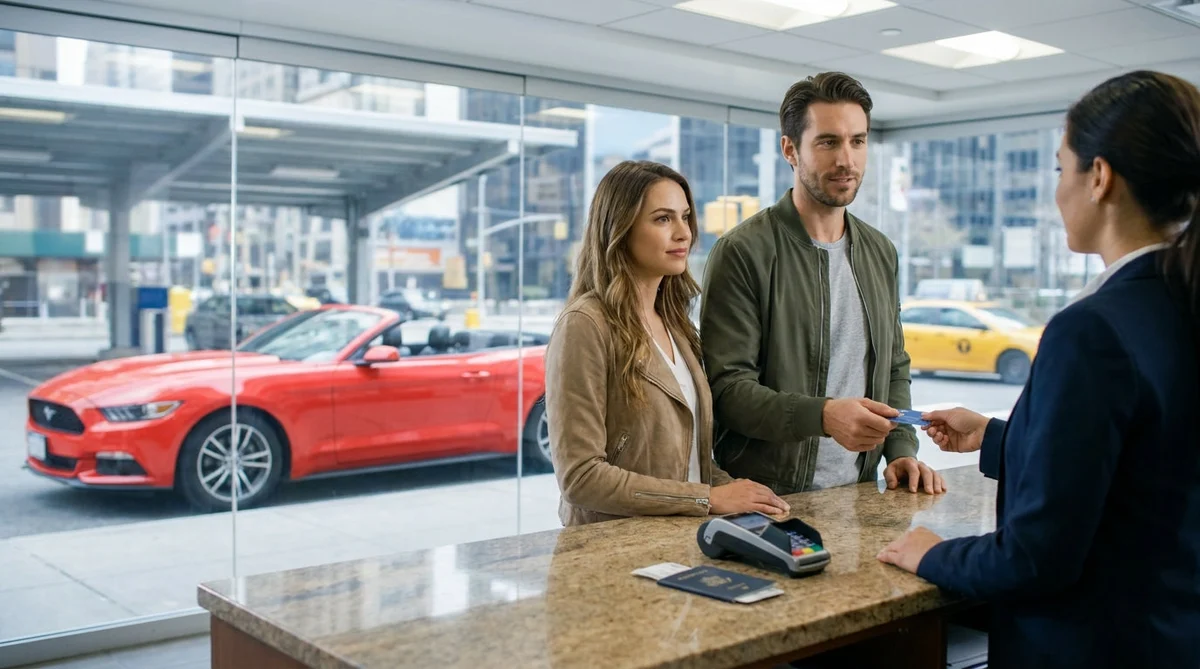 Customer handing a credit card to an agent at a New York car rental counter