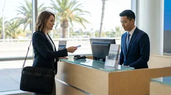 Customer handing a company credit card to an agent at a car hire desk in California