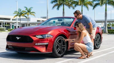 Clear windscreen and front tyres of a white car rental parked on a sunny beach road in Miami