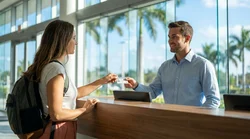 Traveler handing an ID card to a friendly agent at a Florida car rental counter