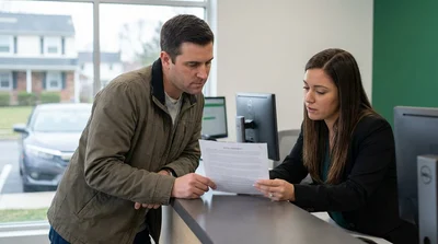 Person reading a car rental agreement while standing next to a parked white car in Pennsylvania