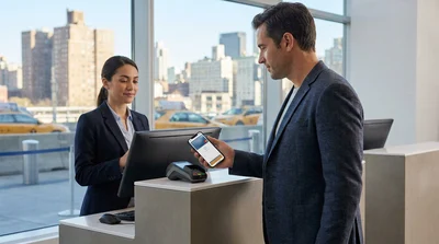 Person holding a smartphone displaying a virtual credit card next to a car rental vehicle on a New York street