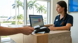 Close-up of a person handing a credit card to an agent at a car rental desk in Florida