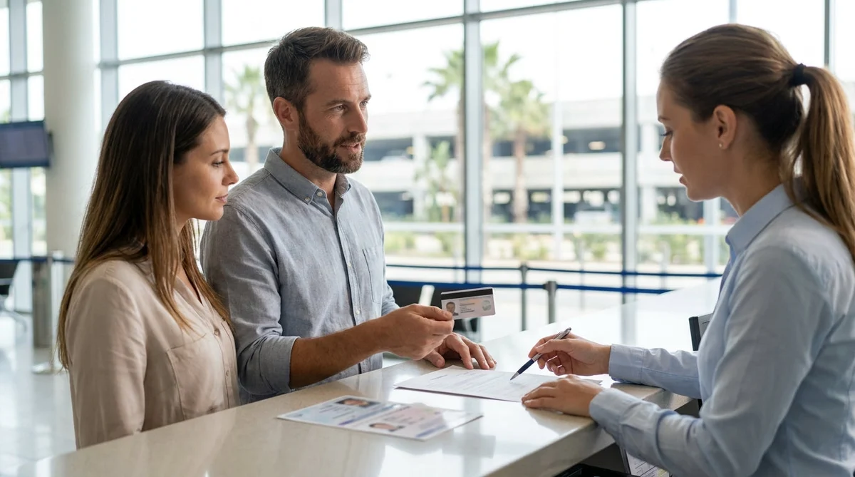 Customer showing a credit card and driving licence at a car rental desk in Los Angeles