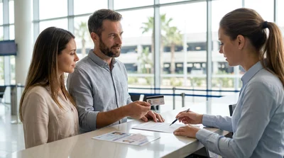 Customer showing a credit card and driving licence at a car rental desk in Los Angeles