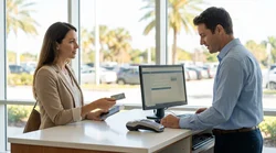 Customer handing a credit card to a clerk at a car rental desk in Florida
