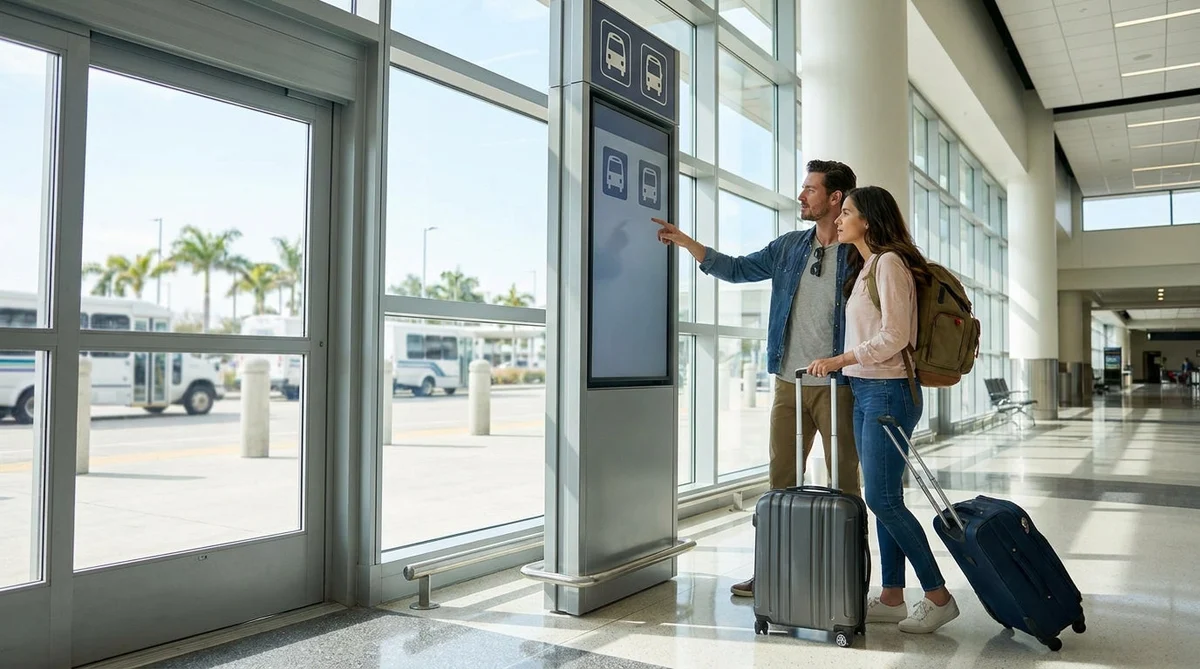 A car rental shuttle bus picking up passengers with luggage outside the arrivals terminal at Miami Airport