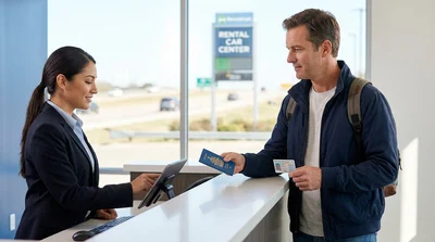 Agent handing car keys to a driver at a car rental counter in Texas