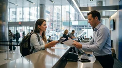Person handing car keys to a customer at a car rental desk in New York