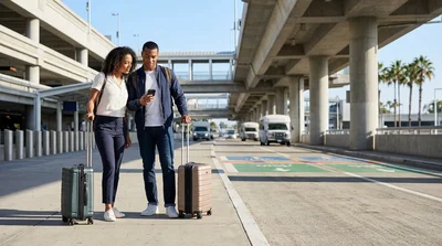 Travelers with luggage waiting for a car hire shuttle bus outside LAX Terminal 6 in Los Angeles