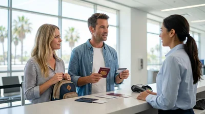 A customer handing documents to an agent at a car hire desk in Los Angeles