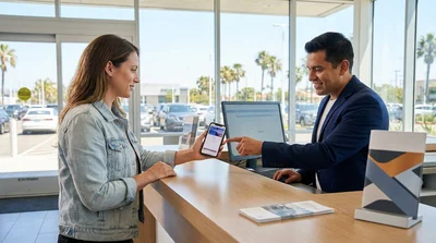Person holding a smartphone displaying a digital driving licence at a car rental counter in California