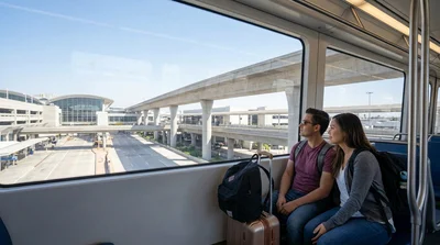 Travelers with luggage walking through a bright terminal toward the car hire center in San Francisco