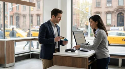 Close-up of a person handing a credit card to an agent at a car hire counter in New York