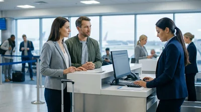 Traveler with luggage approaching an airport car rental desk in the United Estates