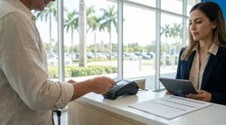 Customer handing a credit card to an agent at a car hire desk in Miami