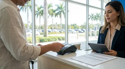 Customer handing a credit card to an agent at a car hire desk in Miami