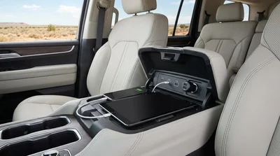 Interior close-up of USB ports and a power socket on the dashboard of a Texas car rental