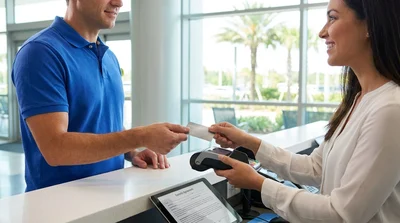 Close up of a customer handing a credit card to an agent at an Orlando car hire desk