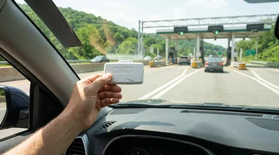 White car rental driving under an electronic toll gantry on a tree-lined highway in Pennsylvania