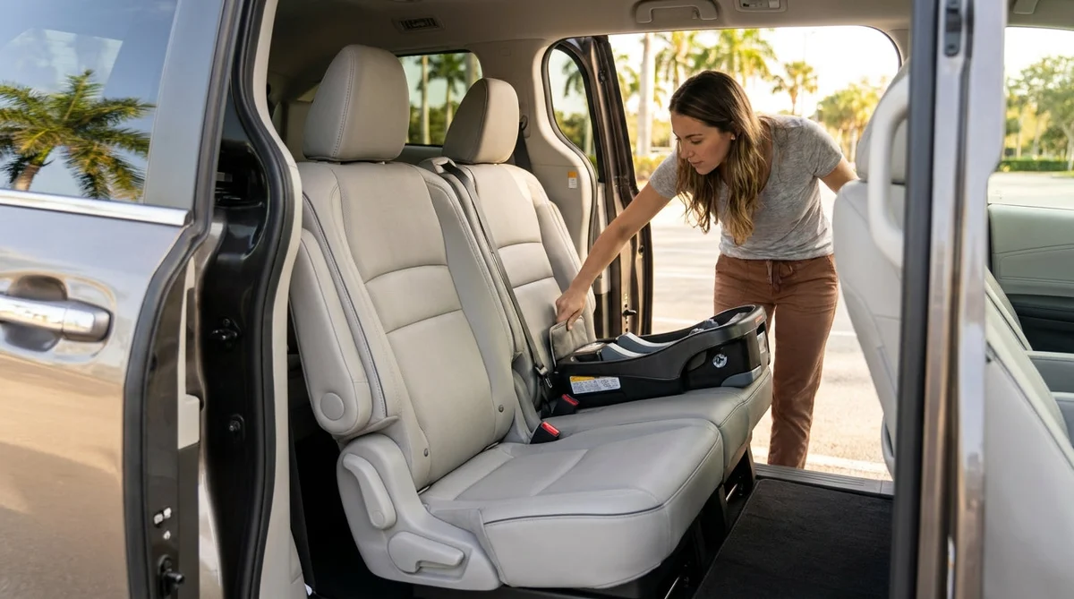 Empty child car seat secured in the back of a car rental parked under palm trees in Florida