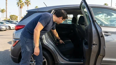 Close-up of ISOFIX child seat anchor points on the back seat of a car rental parked in California