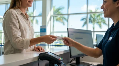 Person handing a credit card to an agent at a bright car hire counter in a Florida airport
