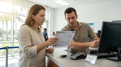 Customer handing a driving licence to an agent at a car rental counter in Florida