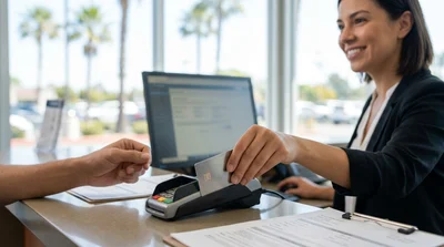 Close-up of hands passing a credit card across a car hire counter in California