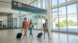 Travelers with luggage walking through a terminal toward the car rental center at Miami Airport