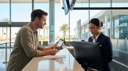 A traveler showing travel documents at a car rental desk inside a Las Vegas airport terminal