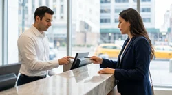 Customer handing a credit card to an agent at a car hire desk in New York