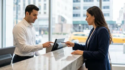 Customer handing a credit card to an agent at a car hire desk in New York
