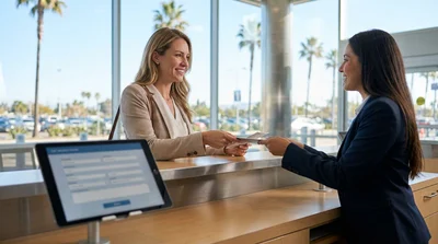 Close-up of hands signing paperwork at a car rental desk in California