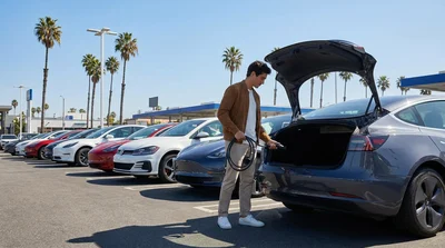 Charging cable connected to a sleek electric car rental parked on a bright city street in Los Angeles