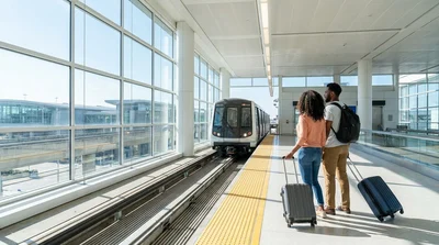 Elevated AirTrain tram arriving at a San Francisco airport platform near the car rental center
