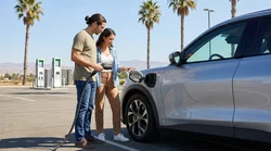 Hand plugging a charging connector into a white electric car rental at a sunny charging station in California