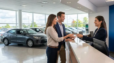 Close up of a customer handing a credit card to an agent at a car hire desk in Pennsylvania
